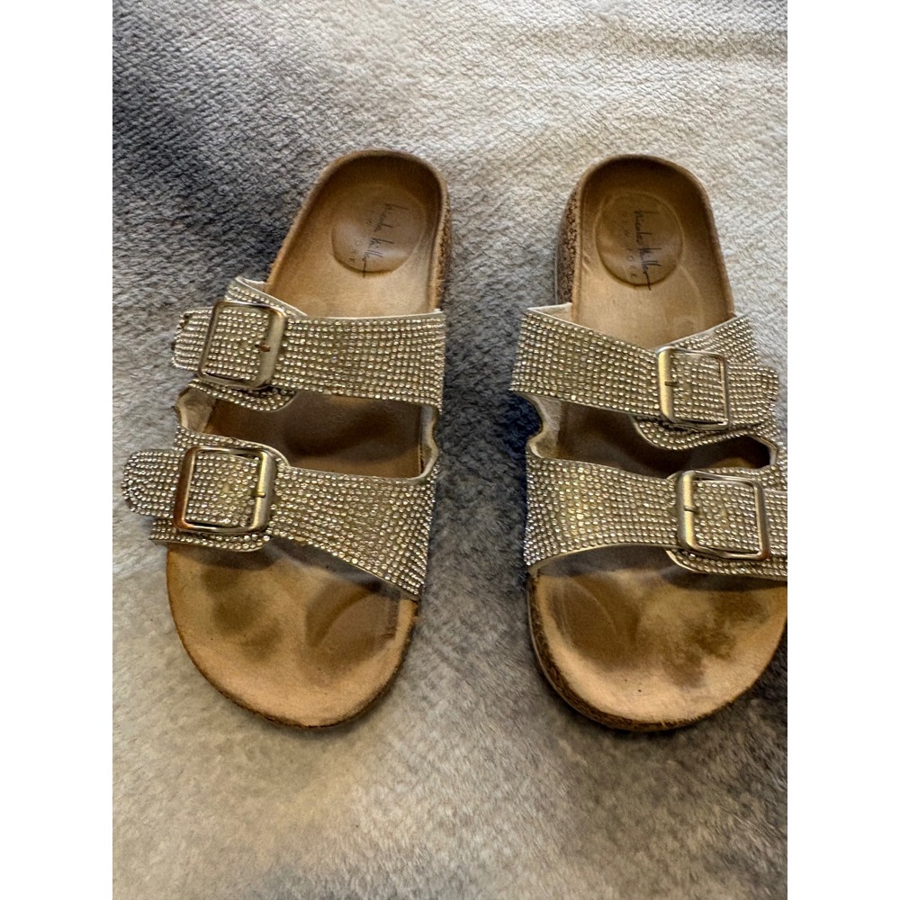 Nicole Miller Silver Rhinestone Double Strap Buckle Slide Sandals Womens 8 EU 39